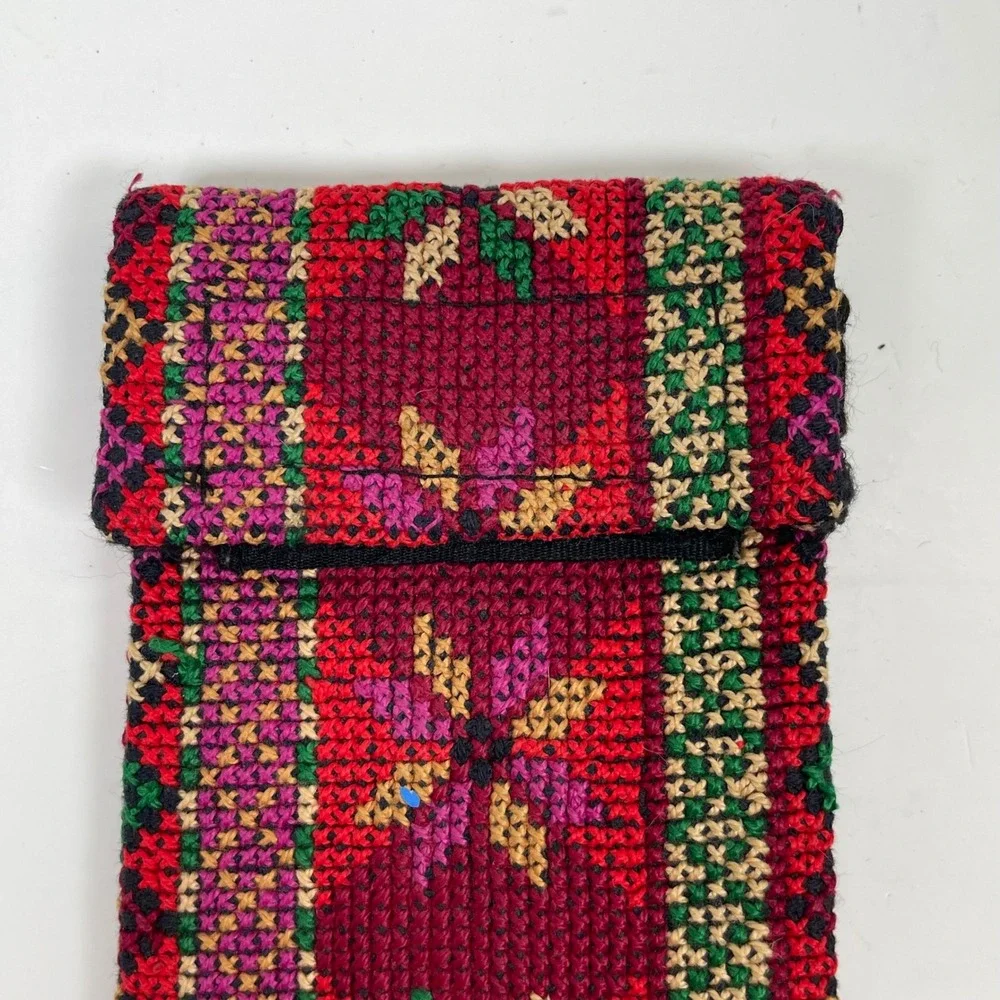 Vintage Needlepoint Floral Eyeglass Case Pouch Red Multi Cross Stitch Boho